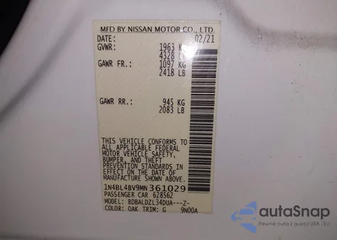 2021 Nissan Altima S Fwd z USA, uszkodzony, nr VIN 1N4BL4BV9MN361029